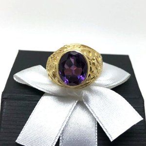 14K 585 Yellow Gold Purple Sapphire Stone Men Signet Ring Size 10
